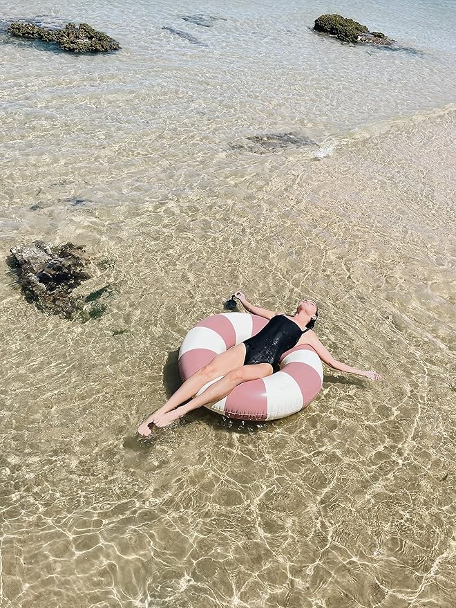 Petites-Pommes Floats for Kids - Durable Inner Tube, Handprinted Classic Striped Design Children's Swim Rings, Soft Comfort Seaming, Packable Floats for Travel, Vintage Pink, 35 inch