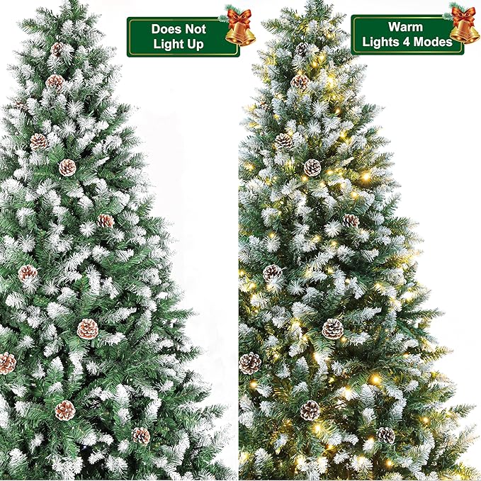 7.5FT Pre-Decorated Holiday Christmas Tree for Home, Office, Party Decoration, Partially Flocked Design, Pine Cones, Metal Hinges & Base - Green/White (Regular Warm, 7.5FT)