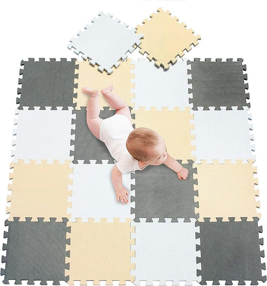 meiqicool Foam Play Mat Thick Soft EVA Interlocking Foam Floor Mats Children Yoga Exercise Multi Jigsaw Puzzle Blocking Board Kids Playmats Play White-Beige-Grey 18 Piece AJL