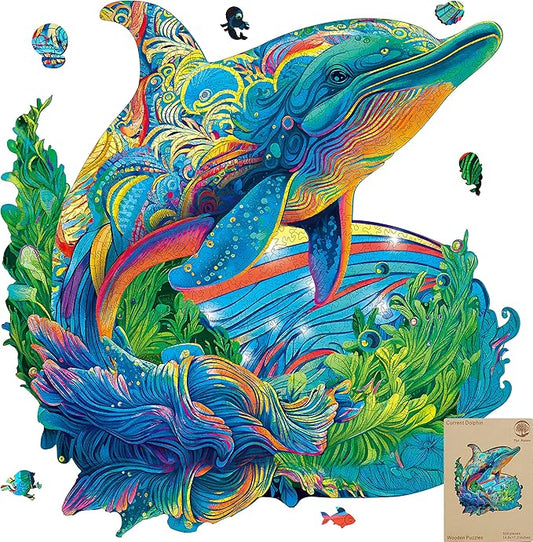 Wooden Puzzles, Dolphin Jigsaw Puzzles 900 Pieces, Unique Shaped Wooden Puzzles for Adults and Kids, Family Game 23.3x22.5 Inch