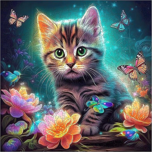 Wooden Puzzles, Kitten in Dream Wooden Jigsaw Puzzles 200 Piece, Unique Luxurious Shaped Wood Puzzle for Adults and Kids, Best Gift for Birthday 11.2 x 11.2 Inch