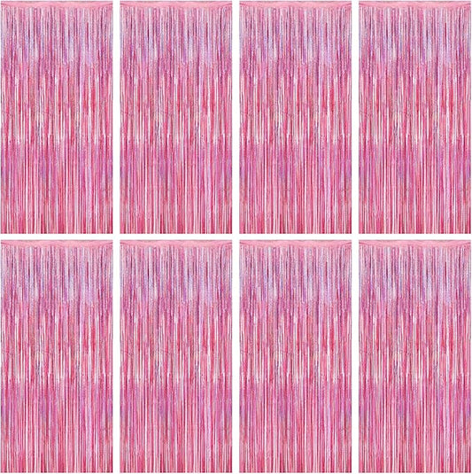 8 Pack Pink Backdrop, 3.28 FT x 7.05 FT Fringe Curtains, Metallic Glitter Pink Fringe Party Streamer Foil Curtains Tinsel Backdrop, Pink Decorations Bachelorette Party Supplies Birthday Decor