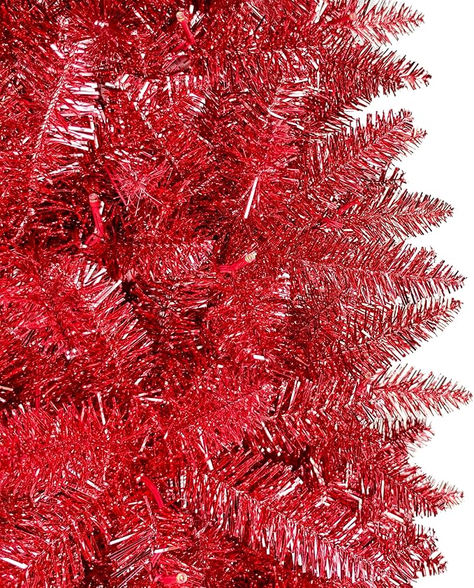 7.5FT Prelit Slim Artificial Maple Red Tinsel Christmas Tree with 250 Warm White LED Lights, Sparkling Skinny Pencil Metallic Tree for Girls’ Rooms, Living Rooms Modern Holiday Décor
