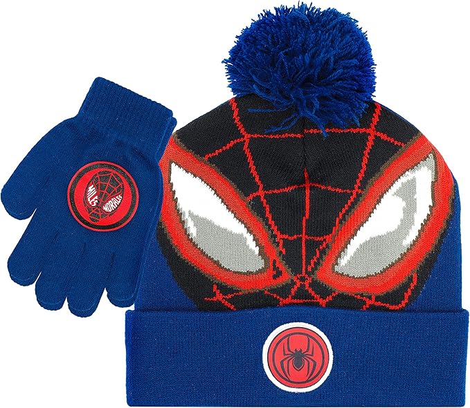 Marvel Spider-Man Kid’s Winter Hat and Snow Gloves for Boys and Toddlers, 2 Pc. Set, Pom-Pom Beanie with Warm Mittens
