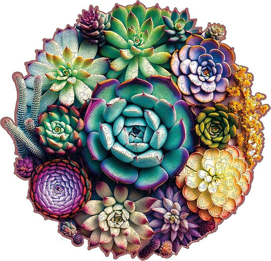 Wooden Jigsaw Puzzles - Mandala Succulent Plants, 200 Piece Luxurious Shaped Wooden Puzzles for Adults and Kids, Family Game, Medium 11.3'' x 10.9''