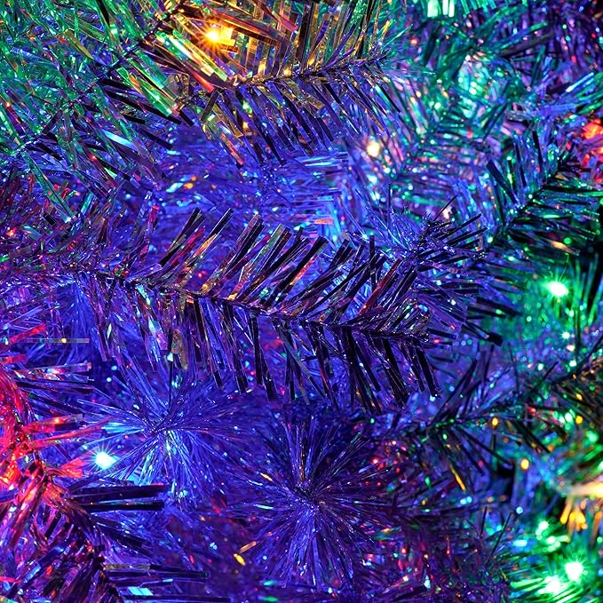 7.4FT Silver Pre-Lit Artificial Christmas Tree with Lights, Hinged Full Xmas Tree with 1200 Branch Tips & 400 Multi-Color LED Lights, 11 Lighting Modes, Metal Stand, Indoor Outdoor Decorations